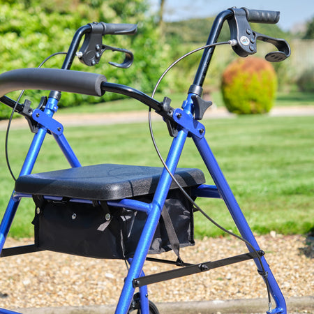 Detail of the height-adjustable frame on NRS A-Series Lightweight 4 Wheel Rollator rollator with holes and push-button.