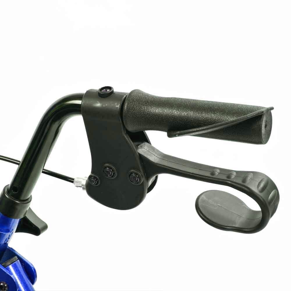Close-up of the brake lever on NRS A-Series Lightweight 4 Wheel Rollator rollator being released, showing safety catch.