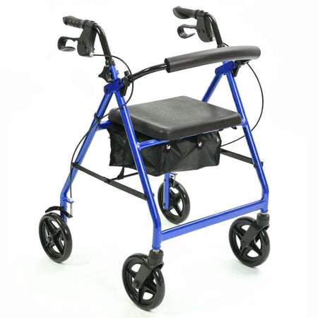 Person removing or attaching the under-seat storage bag on NRS A-Series Lightweight 4 Wheel Rollator rollator.
