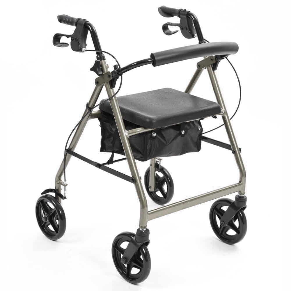 Angled view of NRS A-Series Lightweight 4 Wheel Rollator rollator with seat, padded backrest, storage bag and four wheels on a plain background.