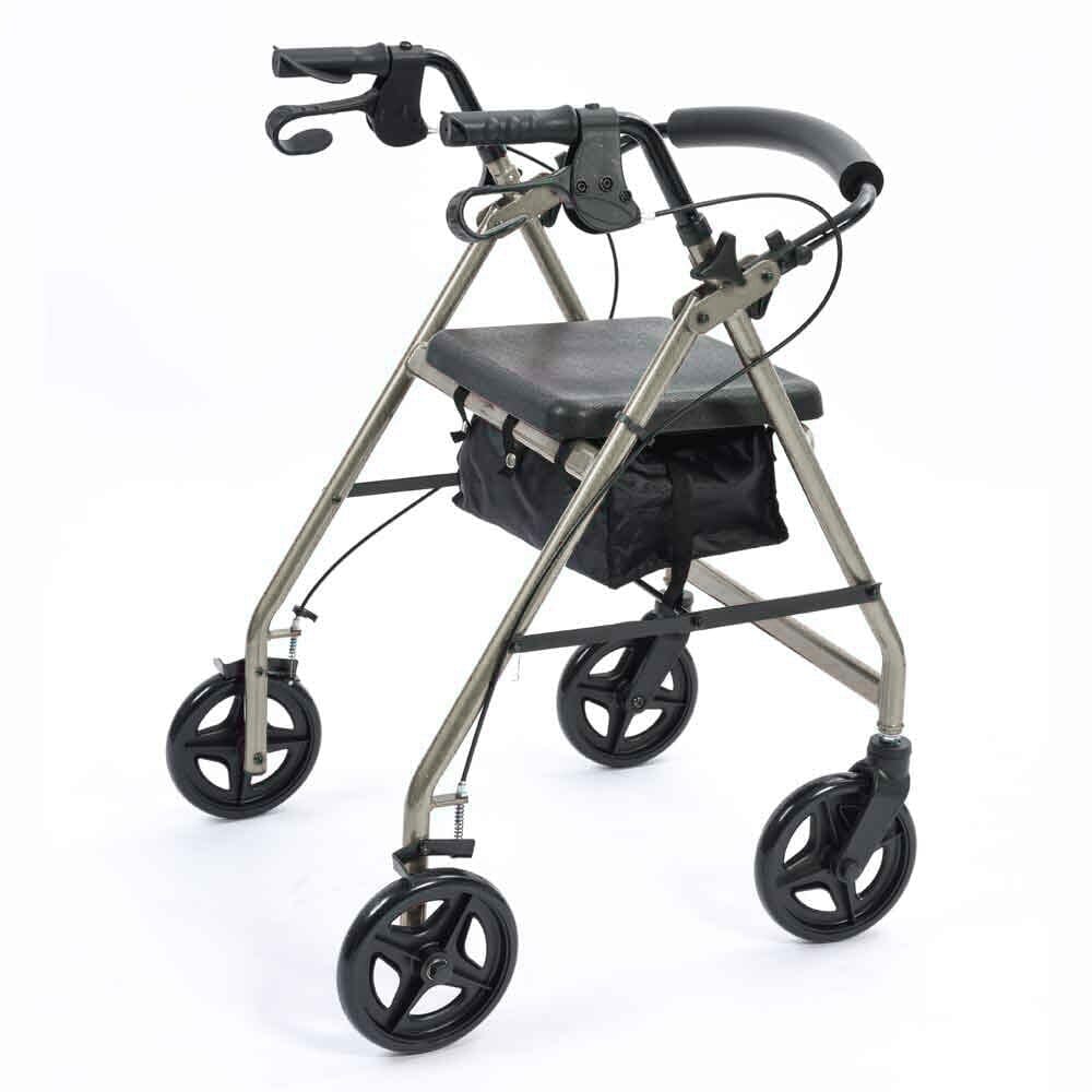 NRS A-Series Lightweight 4 Wheel Rollator rollator folded from the front, demonstrating its slim, space-saving design.