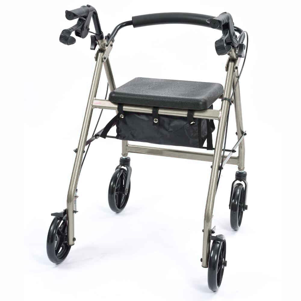 Close-up of a folding release lever on NRS A-Series Lightweight 4 Wheel Rollator rollator being operated by hand.