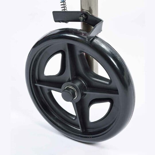 Close-up of a hand squeezing the brake lever on NRS A-Series Lightweight 4 Wheel Rollator rollator's handle.