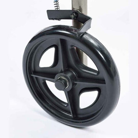 Close-up of a hand squeezing the brake lever on NRS A-Series Lightweight 4 Wheel Rollator rollator's handle.