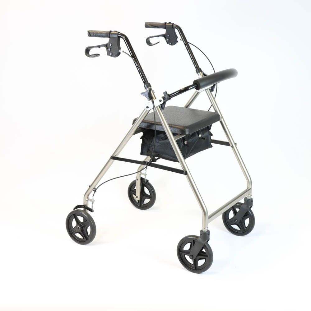 Angled view of NRS A-Series Tall Lightweight 4 Wheel Rollator rollator with seat, padded backrest, storage bag and four wheels on a plain background.