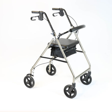 Angled view of NRS A-Series Tall Lightweight 4 Wheel Rollator rollator with seat, padded backrest, storage bag and four wheels on a plain background.