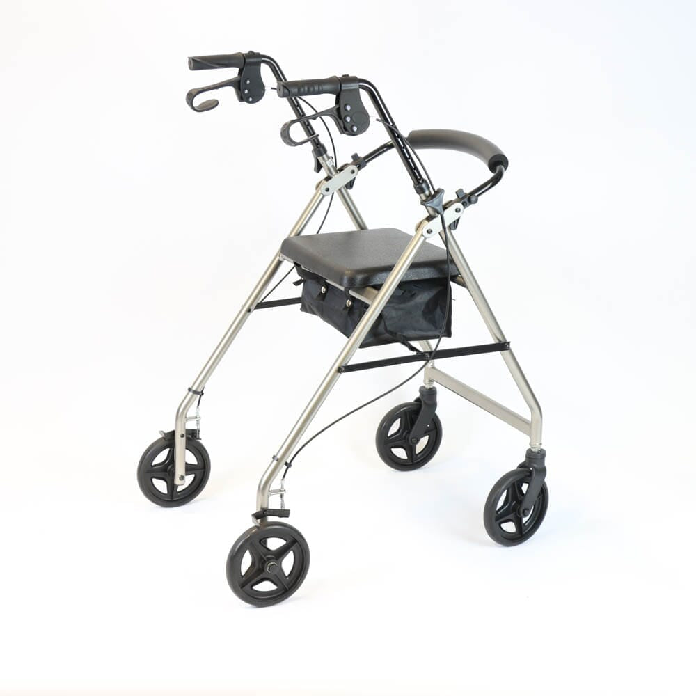 Front view of NRS A-Series Tall Lightweight 4 Wheel Rollator rollator with seat and padded backrest, showing the handlebars and brake cables.