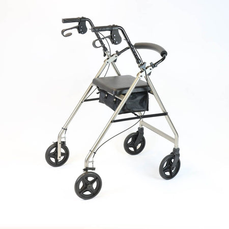Front view of NRS A-Series Tall Lightweight 4 Wheel Rollator rollator with seat and padded backrest, showing the handlebars and brake cables.