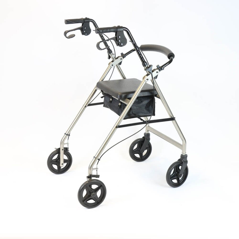 Front view of NRS A-Series Tall Lightweight 4 Wheel Rollator rollator with seat and padded backrest, showing the handlebars and brake cables.