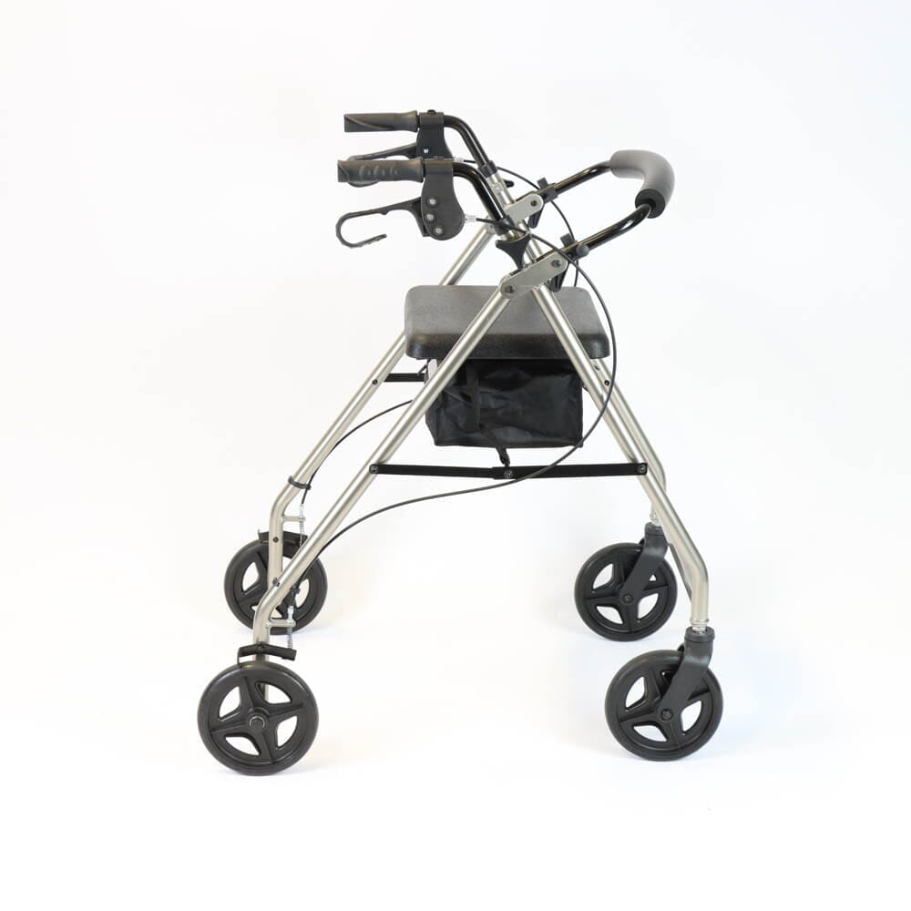 NRS A-Series Tall Lightweight 4 Wheel Rollator rollator folded from the front, demonstrating its slim, space-saving design.