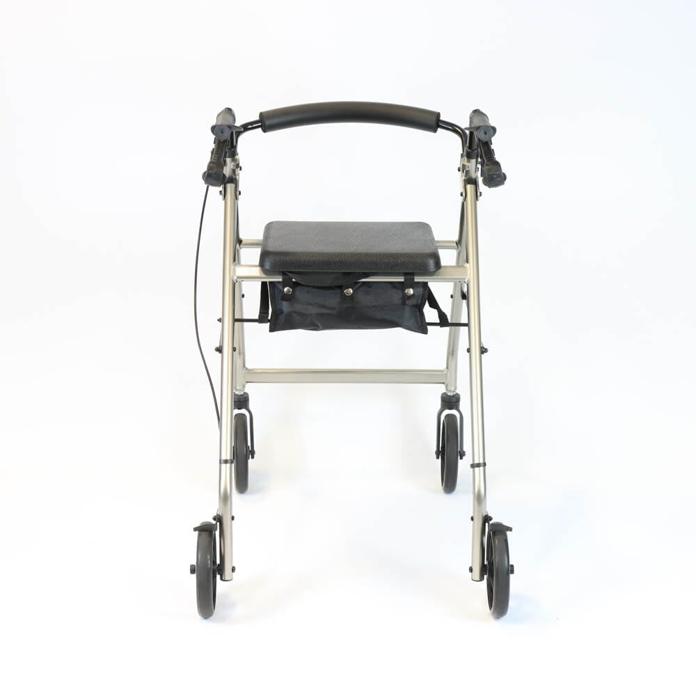 Fully folded NRS A-Series Tall Lightweight 4 Wheel Rollator rollator lying flat, showing the triple-fold mechanism and compact size.