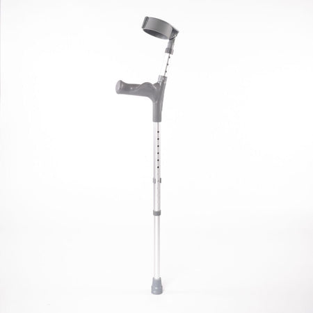 NRS Adjustable Comfort Grip Crutches: single elbow crutch on a plain background with an ergonomic handle, adjustable height and open cuff.