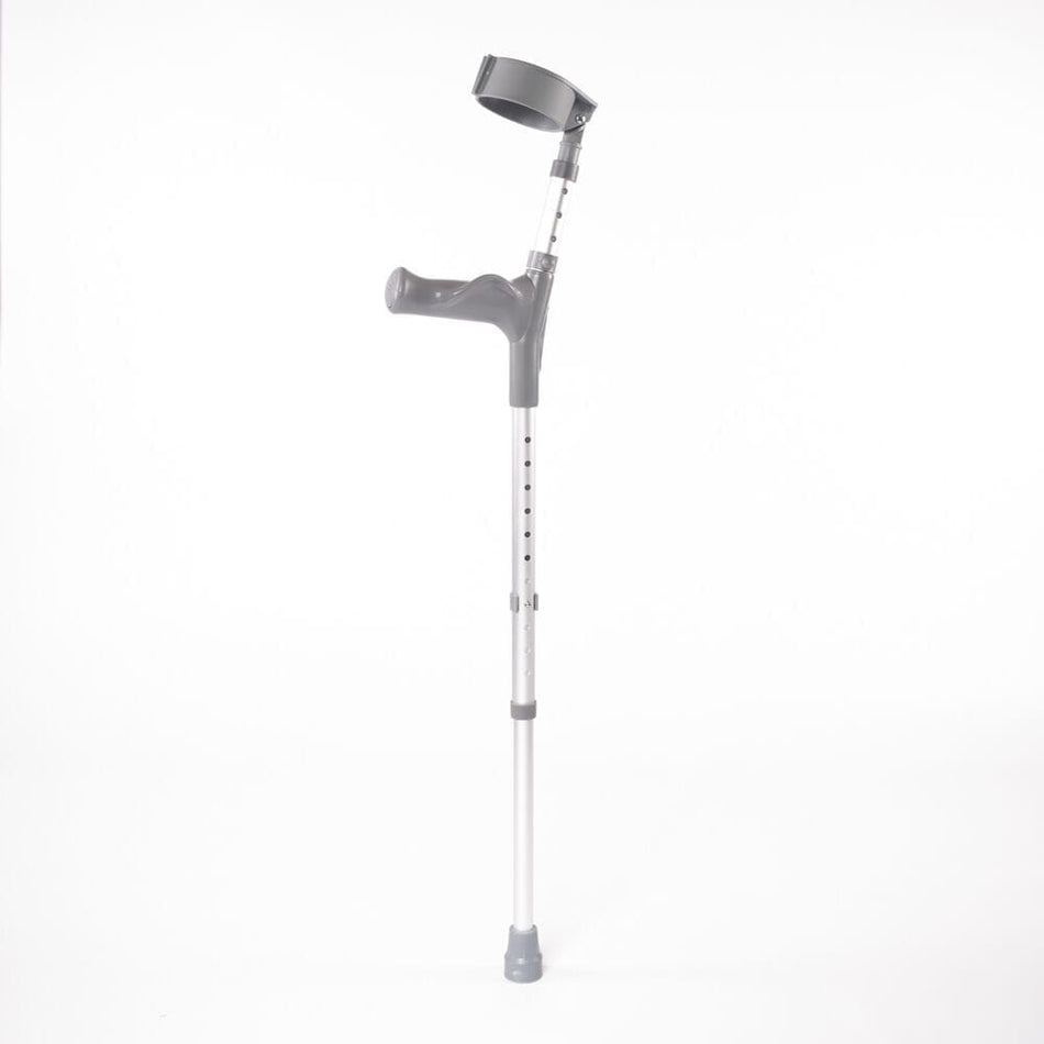 NRS Adjustable Comfort Grip Crutches: single elbow crutch on a plain background with an ergonomic handle, adjustable height and open cuff.