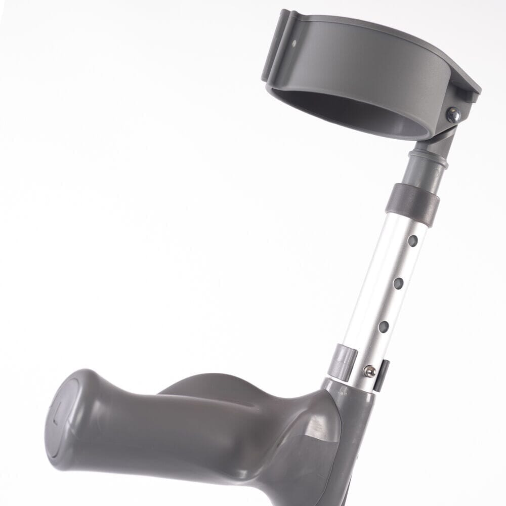 NRS Adjustable Comfort Grip Crutches: close-up of handle and cuff, highlighting the comfortable grip and supportive arm cradle.
