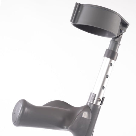 NRS Adjustable Comfort Grip Crutches: close-up of handle and cuff, highlighting the comfortable grip and supportive arm cradle.