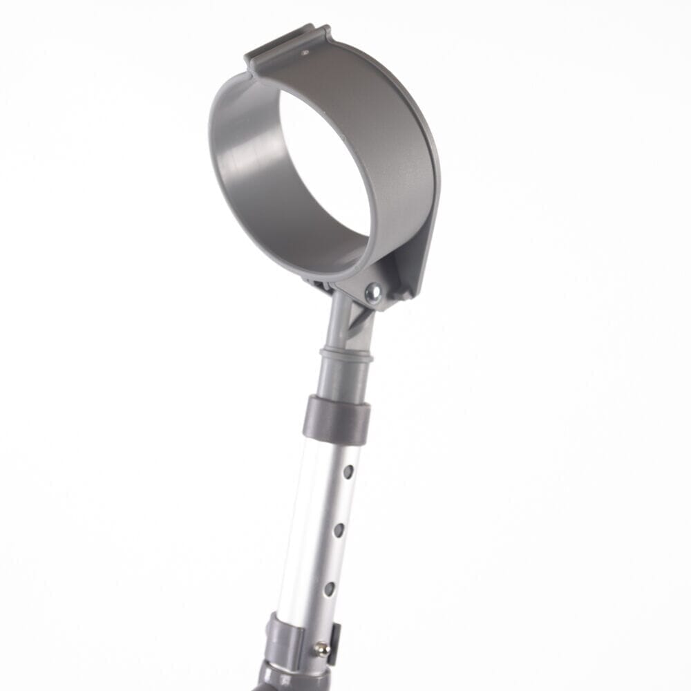 NRS Adjustable Comfort Grip Crutches: close-up of the arm cuff showing the open design to keep the crutch secure on your forearm.