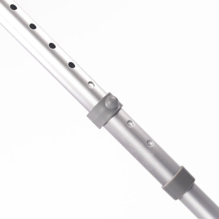 NRS Adjustable Comfort Grip Crutches: detail shot of the height-adjustable shaft with holes and locking pin.