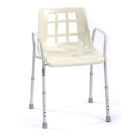Side view of NRS Adjustable Economy Value Shower Chair highlighting the seat height, optional armrests and sturdy aluminium legs.