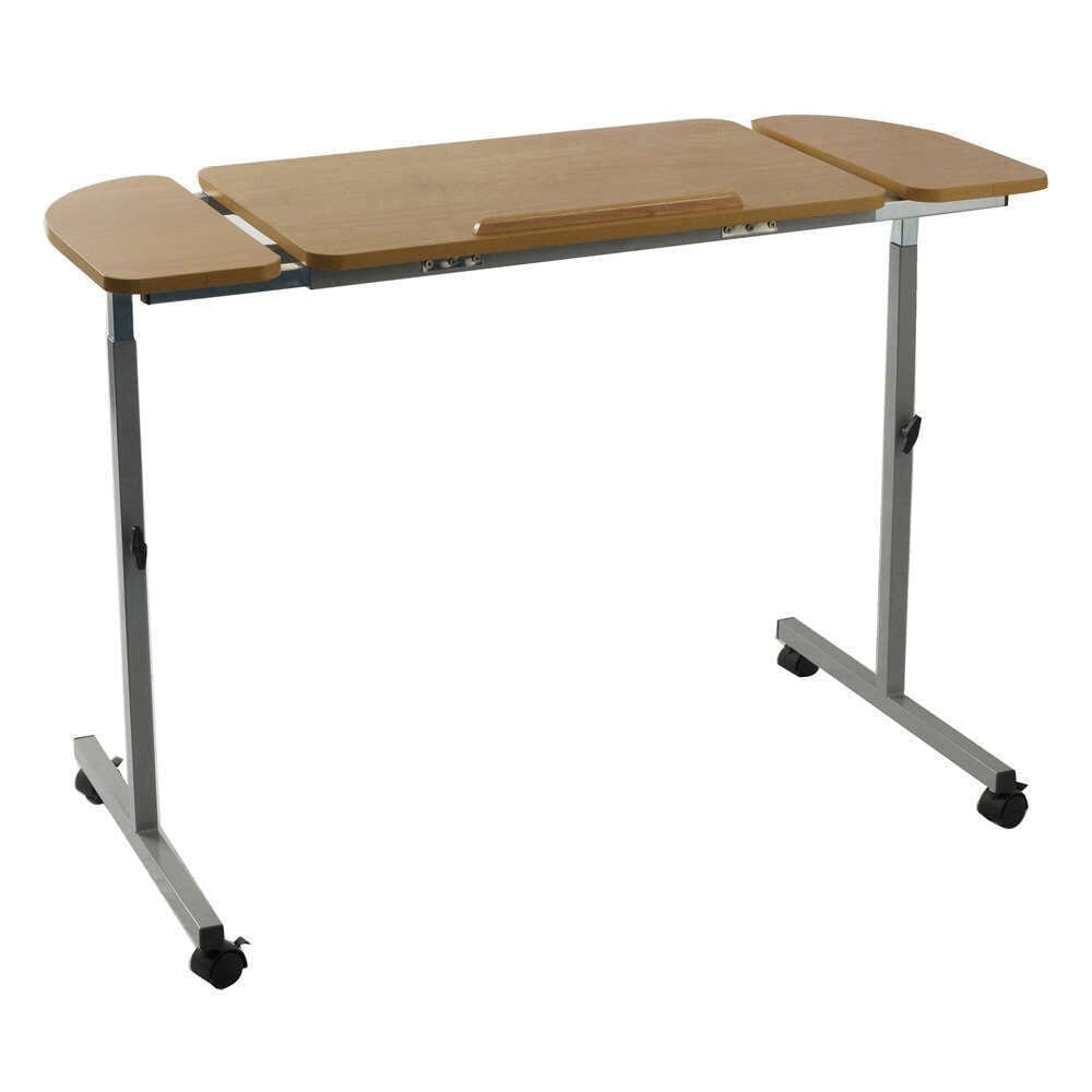 Front view of NRS Adjustable Overbed Table with the table top tilted, showing the raised lips and attractive beech finish.