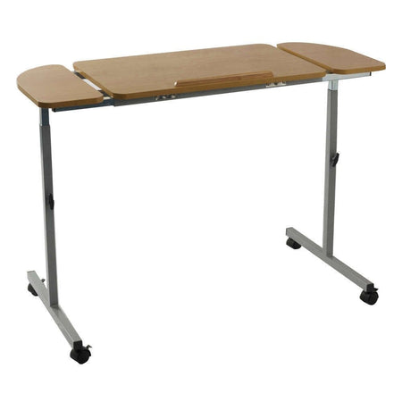 Front view of NRS Adjustable Overbed Table with the table top tilted, showing the raised lips and attractive beech finish.