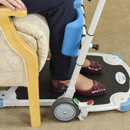 Close-up of the sling attachment points or spreader bar on NRS Atlas Advance Transfer Aid hoist.