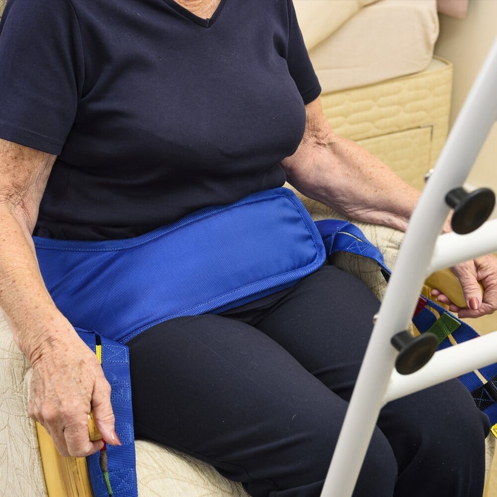 Close-up of the sling attachment points or spreader bar on NRS Atlas Advance Transfer Safety Belt hoist.