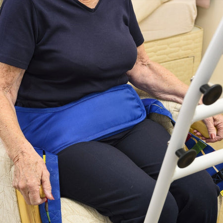 Close-up of the sling attachment points or spreader bar on NRS Atlas Advance Transfer Safety Belt hoist.