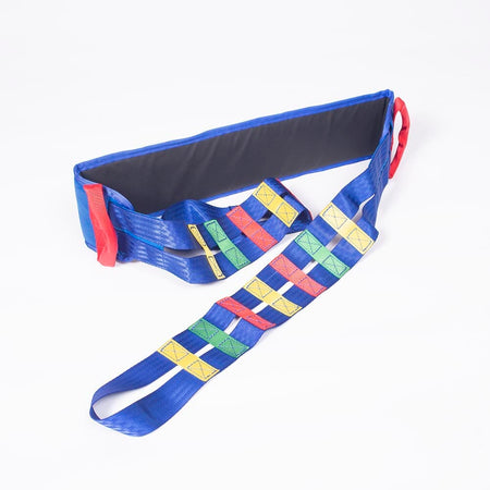 Full view of NRS Atlas Advance Transfer Safety Strap mobile hoist on a plain background, showing the wheeled base, upright mast and sling attachment.