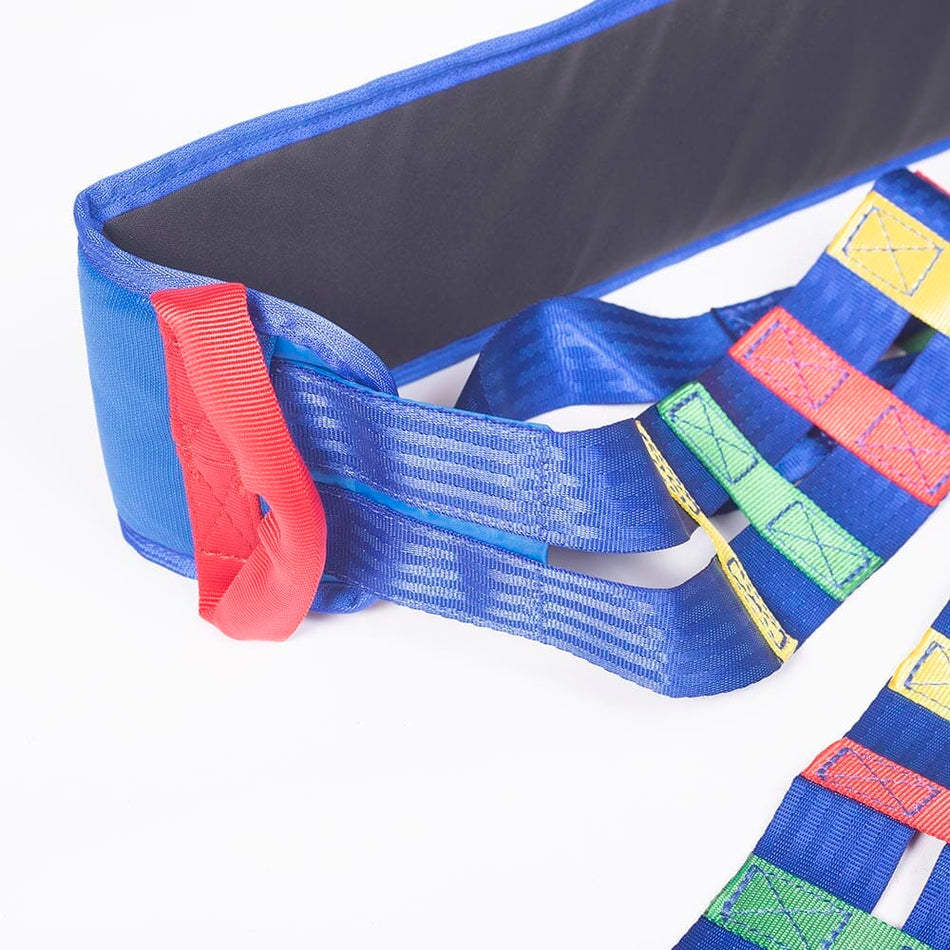 NRS Atlas Advance Transfer Safety Strap hoist being used to lift a person, demonstrating safe patient transfer.