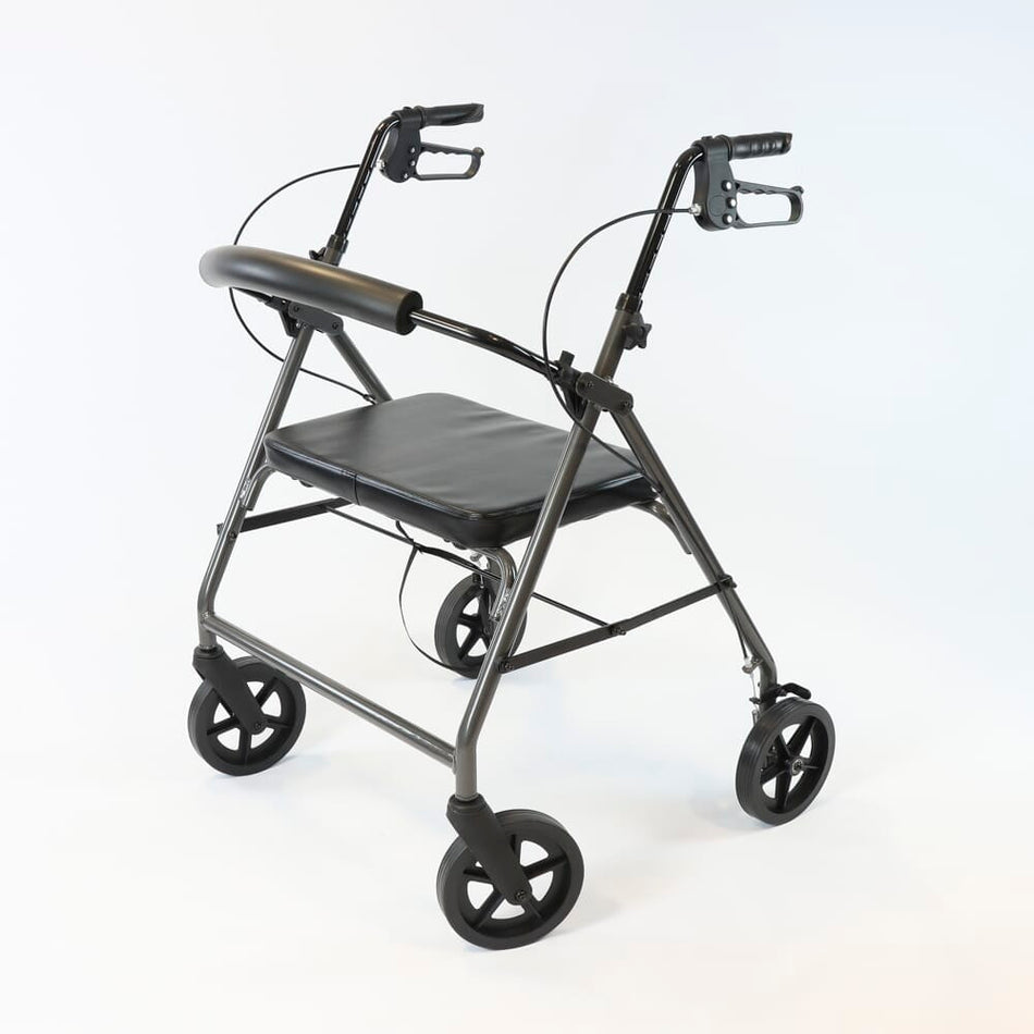 Angled view of NRS Bariatric 4 Wheel Aluminium Rollator rollator with seat, padded backrest, storage bag and four wheels on a plain background.