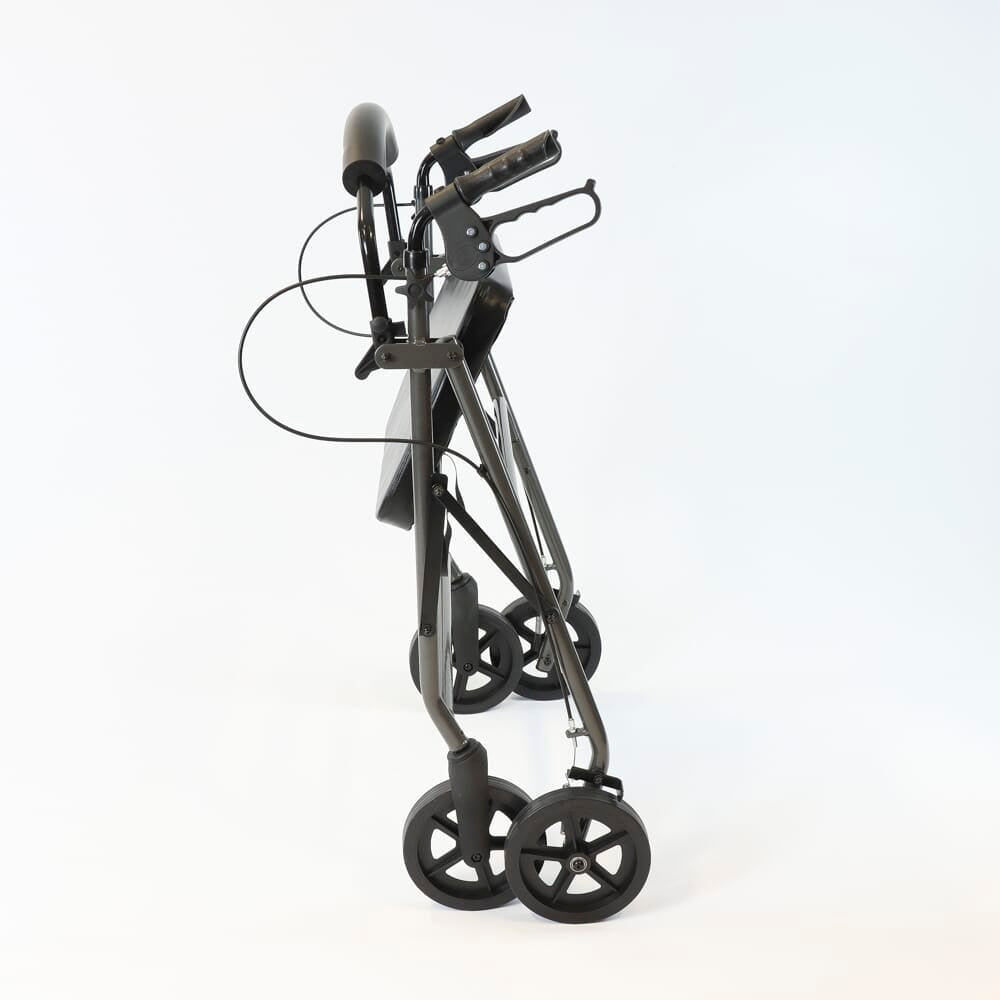 Front view of NRS Bariatric 4 Wheel Aluminium Rollator rollator with seat and padded backrest, showing the handlebars and brake cables.