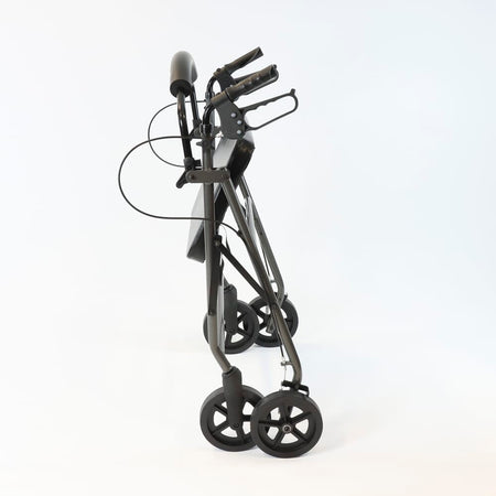 Front view of NRS Bariatric 4 Wheel Aluminium Rollator rollator with seat and padded backrest, showing the handlebars and brake cables.