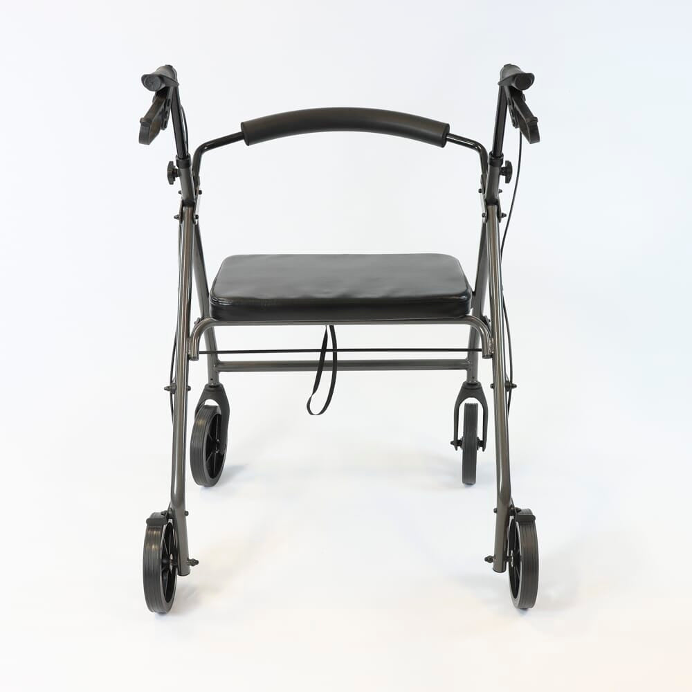 NRS Bariatric 4 Wheel Aluminium Rollator rollator folded from the front, demonstrating its slim, space-saving design.