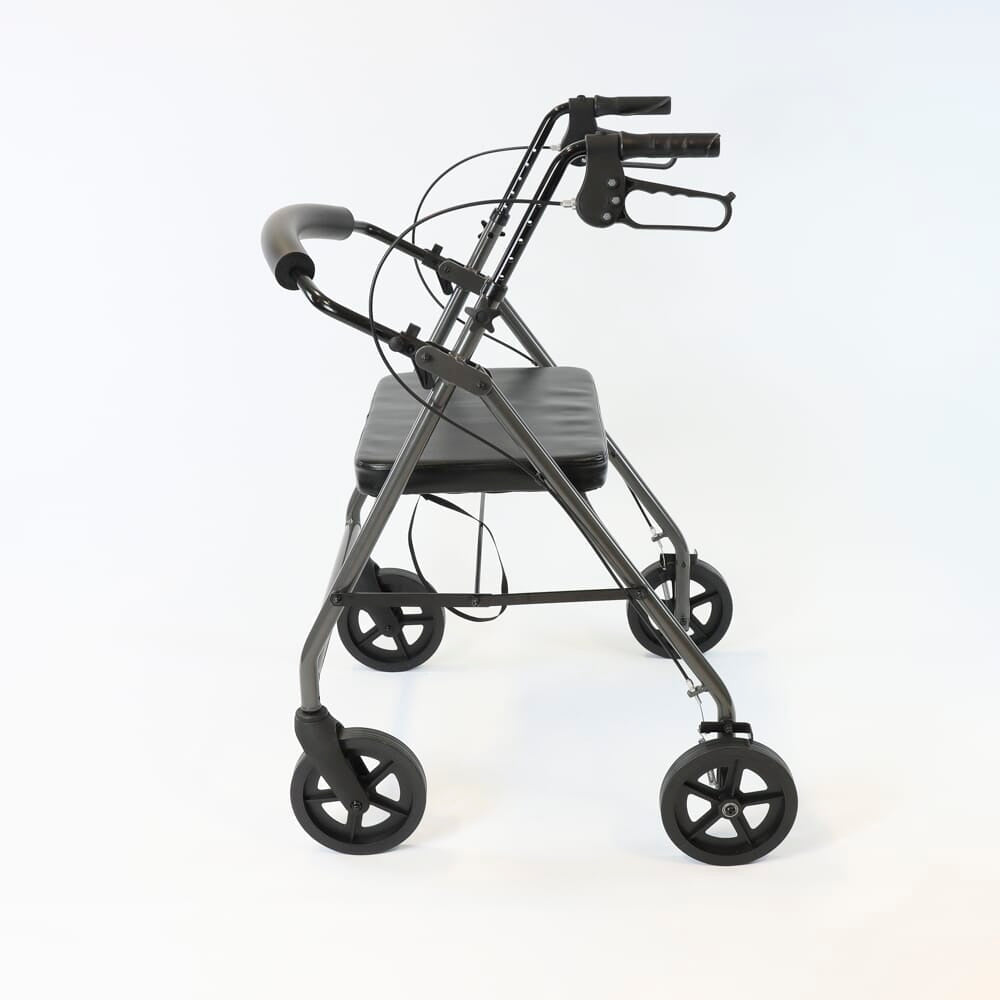 Fully folded NRS Bariatric 4 Wheel Aluminium Rollator rollator lying flat, showing the triple-fold mechanism and compact size.