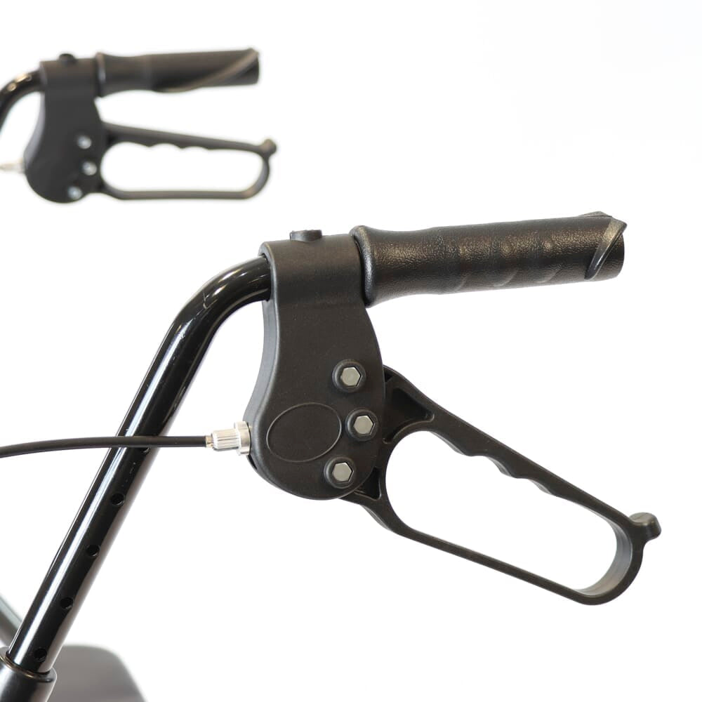 Close-up of a folding release lever on NRS Bariatric 4 Wheel Aluminium Rollator rollator being operated by hand.