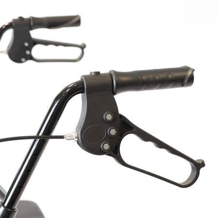 Close-up of a folding release lever on NRS Bariatric 4 Wheel Aluminium Rollator rollator being operated by hand.