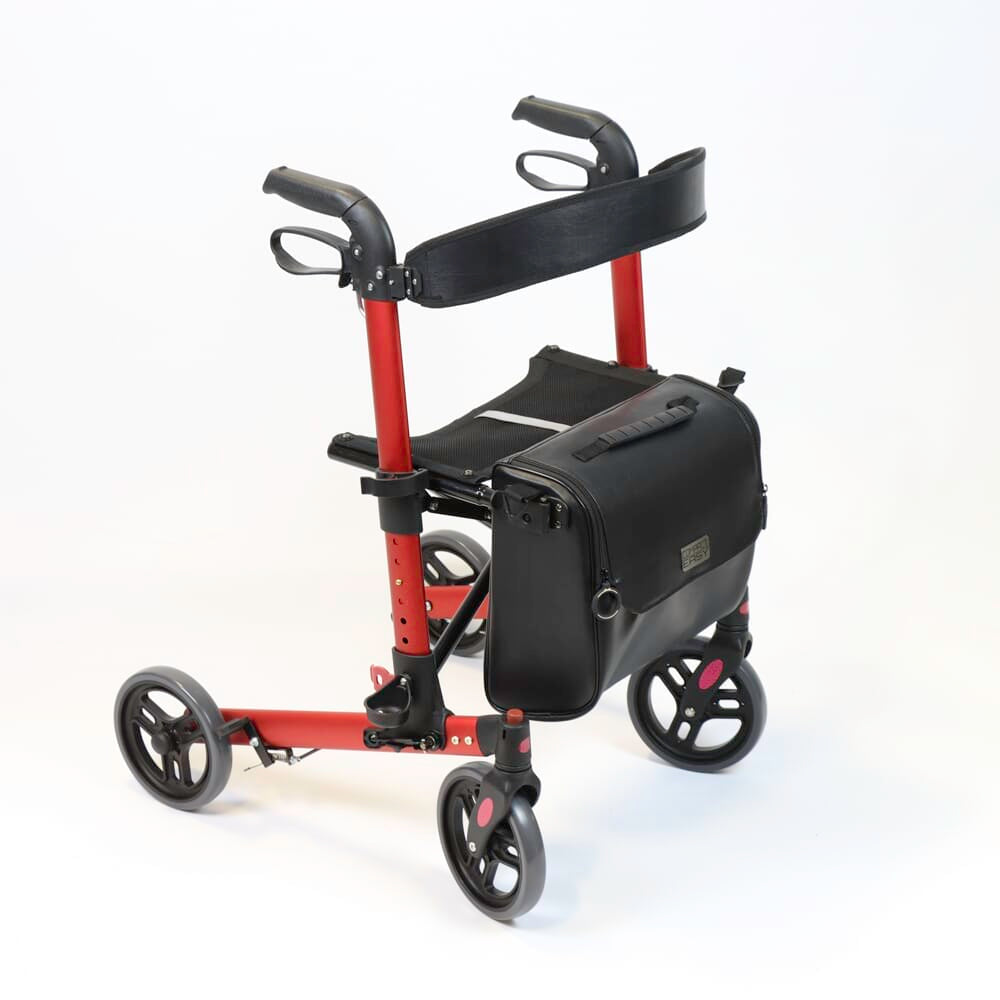 Angled view of NRS Compact Easy Plus Rollator rollator with seat, padded backrest, storage bag and four wheels on a plain background.
