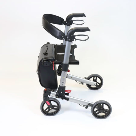 Front view of NRS Compact Easy Plus Rollator rollator with seat and padded backrest, showing the handlebars and brake cables.
