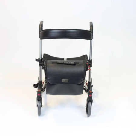 Detail of the height-adjustable frame on NRS Compact Easy Plus Rollator rollator with holes and push-button.