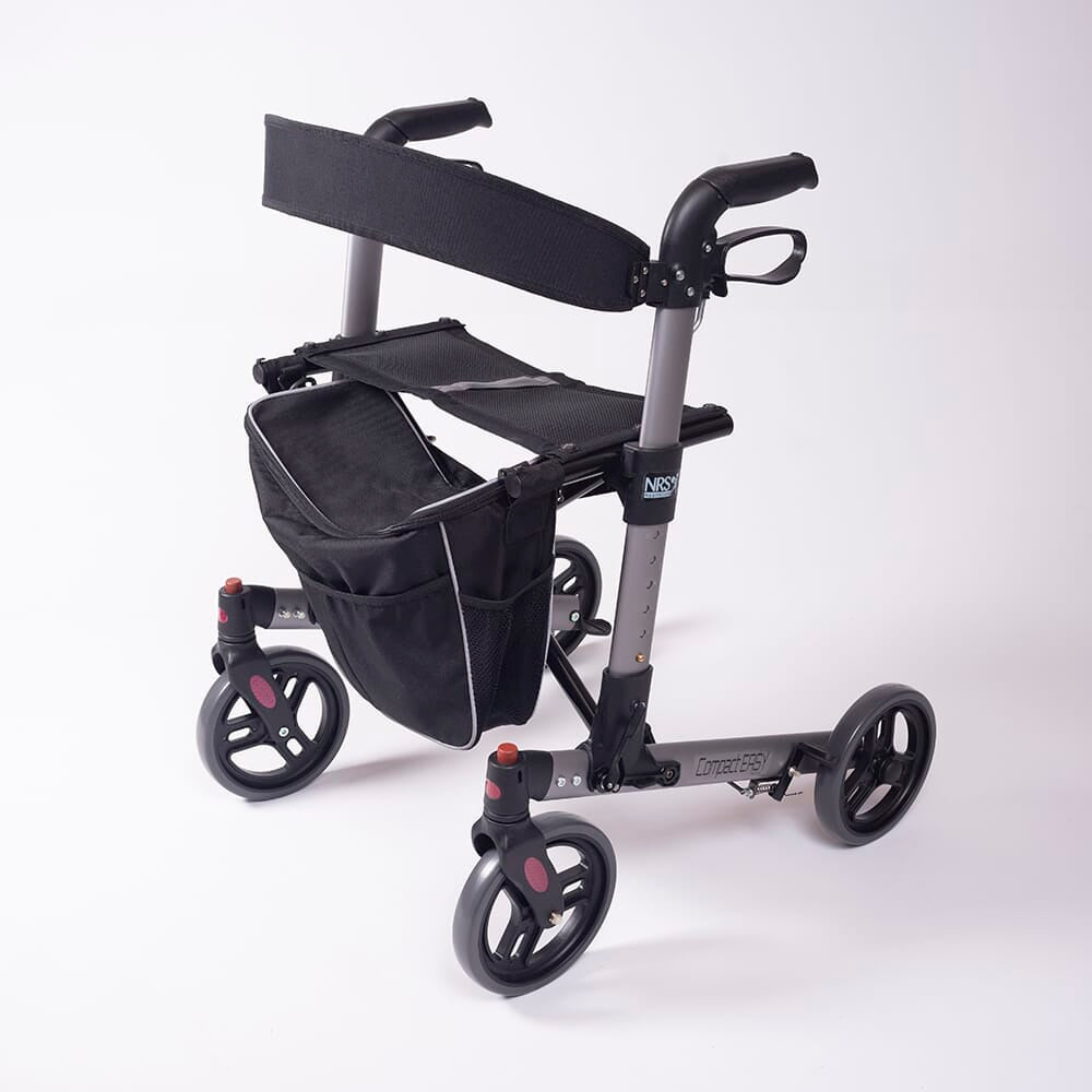 Detail of the height-adjustable frame on NRS Compact Easy Rollator rollator with holes and push-button.