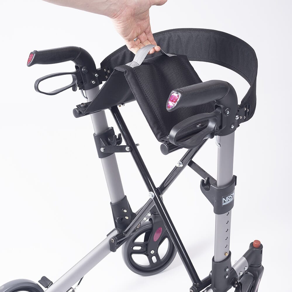 Close-up of the brake lever on NRS Compact Easy Rollator rollator being released, showing safety catch.