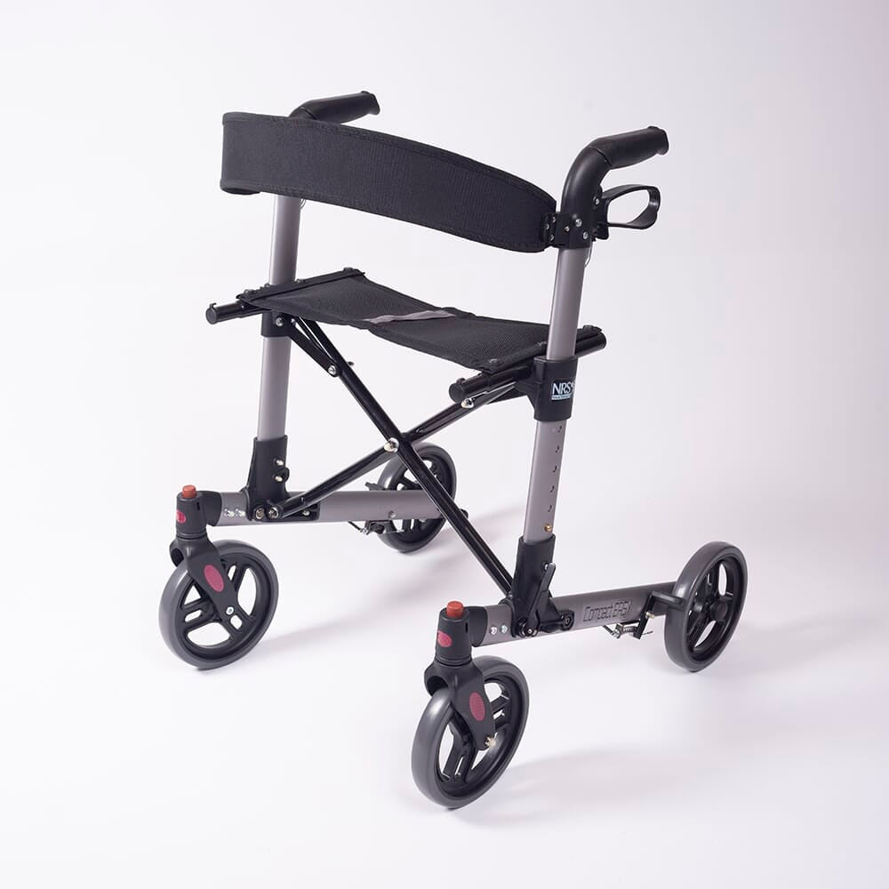 Person removing or attaching the under-seat storage bag on NRS Compact Easy Rollator rollator.