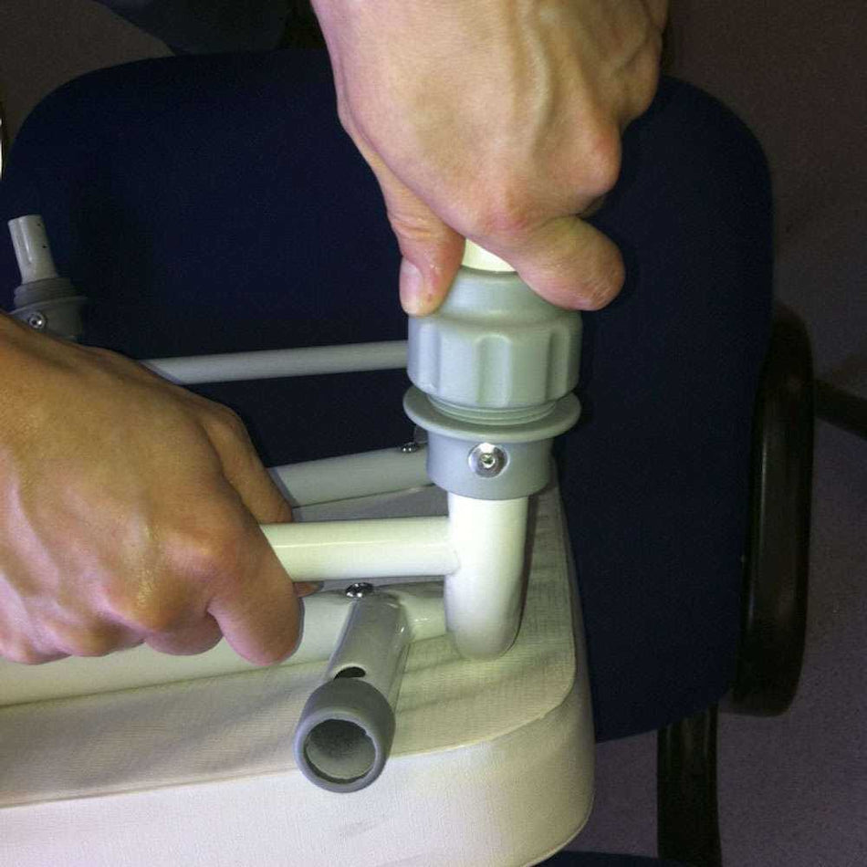 Alternative view of NRS Compact Perching Stool with Arms and Back-Blue PU, showing different angle or usage.