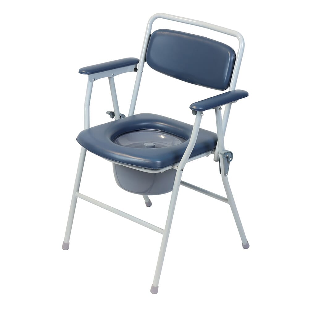 NRS Dovedale Folding Commode with lid raised showing the open seat and removable commode pan, with supportive arms and adjustable height on a plain background.
