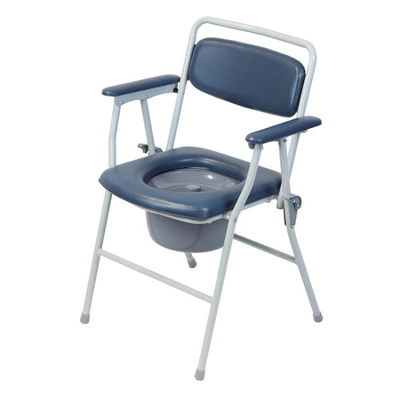 NRS Dovedale Folding Commode with lid raised showing the open seat and removable commode pan, with supportive arms and adjustable height on a plain background.
