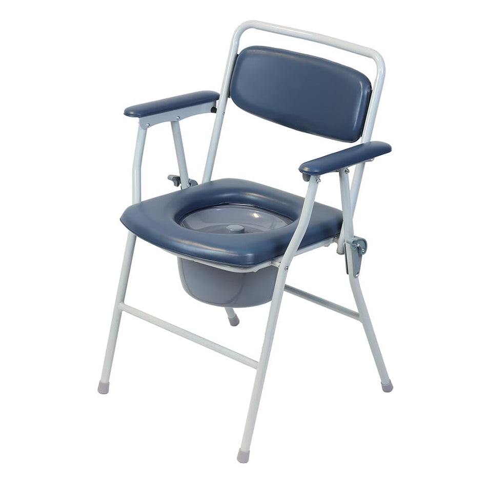 NRS Dovedale Folding Commode with lid raised showing the open seat and removable commode pan, with supportive arms and adjustable height on a plain background.