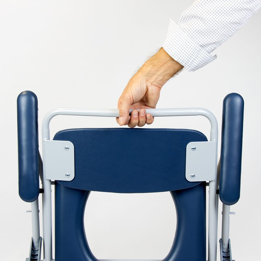 Close-up of NRS Dovedale Folding Commode seat ring and supportive arms, showing comfort and stability.