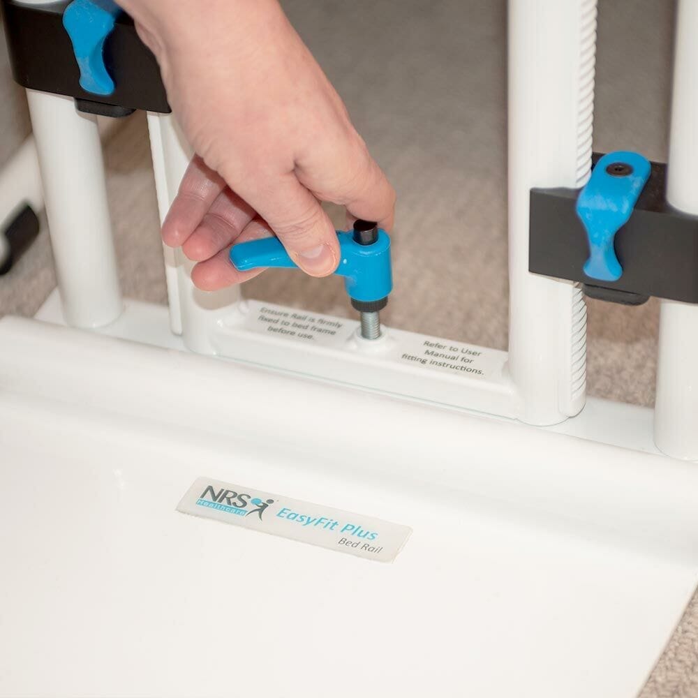 Diagram or packaging of NRS EasyFit Plus Bed Rail highlighting dimensions or features.