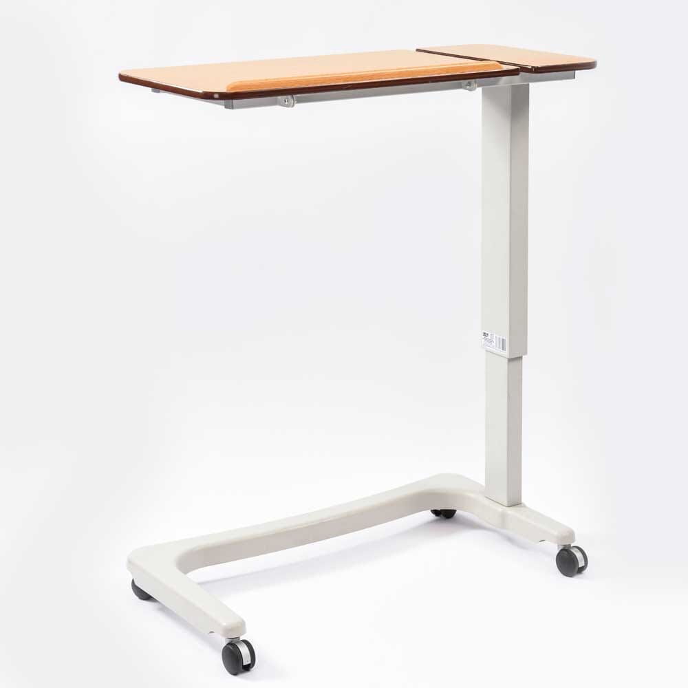 Side view of NRS Easylift Split Top Overbed Table showing the tilting top and height-adjustable chrome stems.