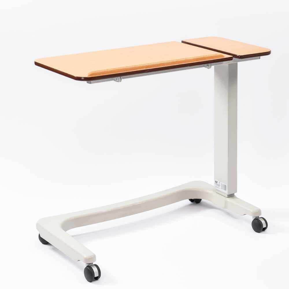 Side view of NRS Easylift Split Top Overbed Table with the table top level at its lowest height.